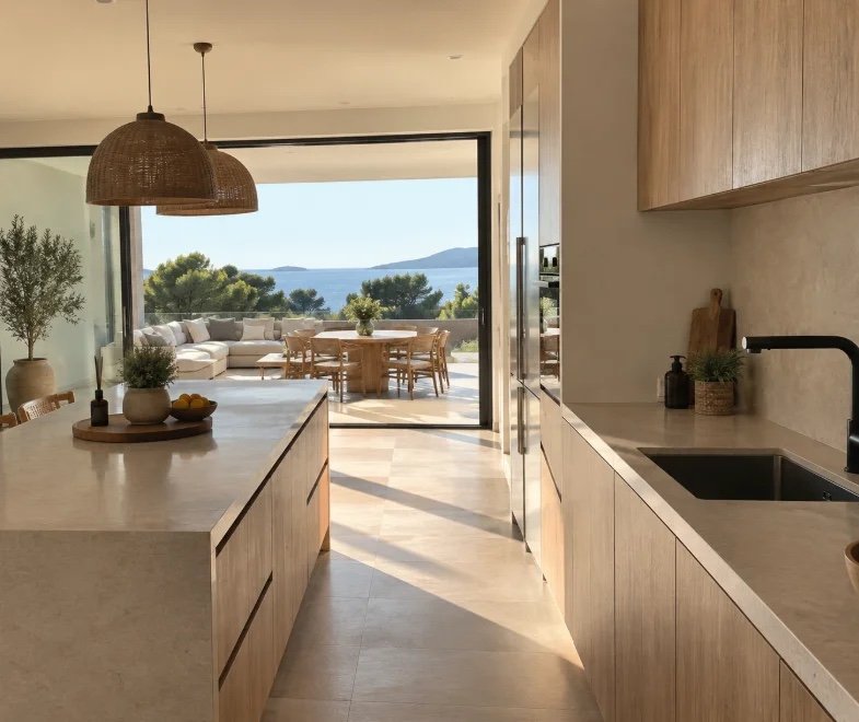 Cuisine lumineuse avec vue mer, maison suivie par Maséo Care