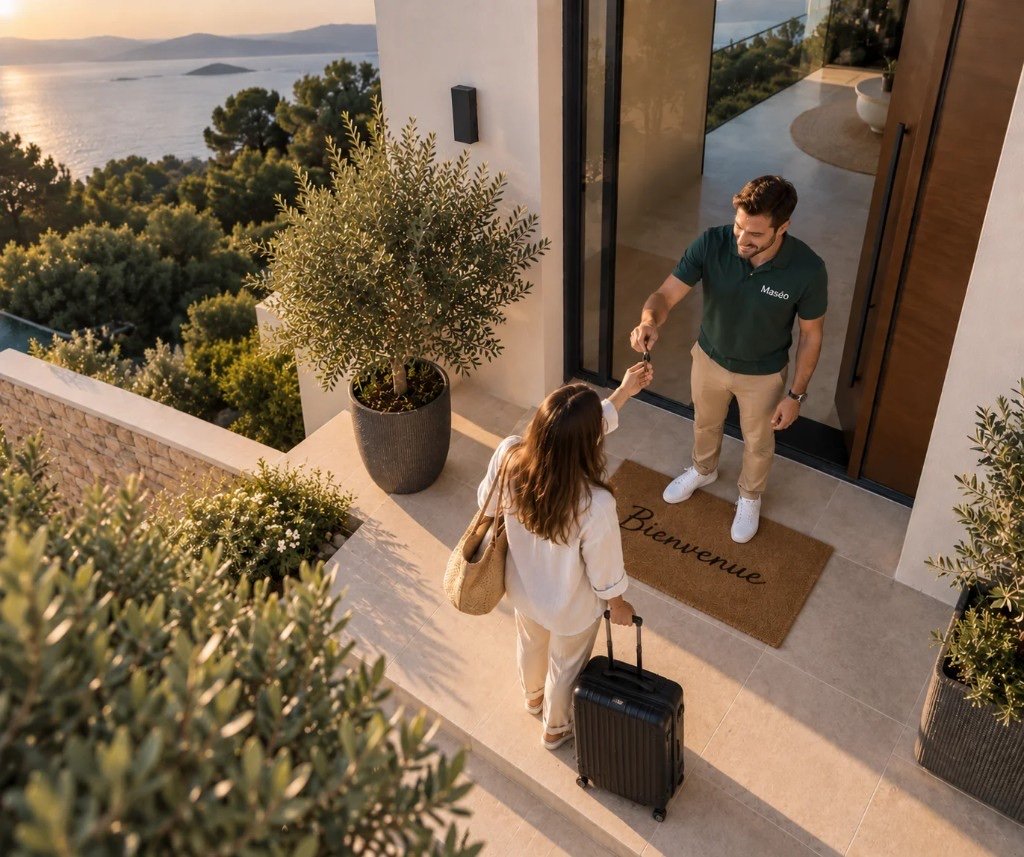 Remise des clés à l'arrivée, paillasson Bienvenue et vue mer, conciergerie Maséo Home