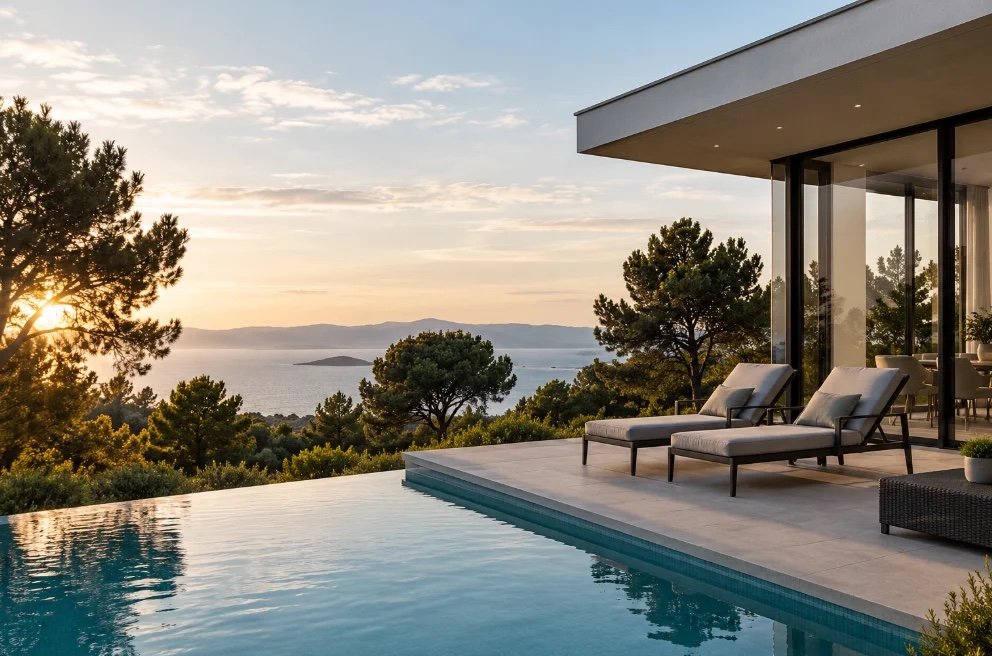 Villa contemporaine avec piscine à débordement, transats et vue mer au coucher du soleil