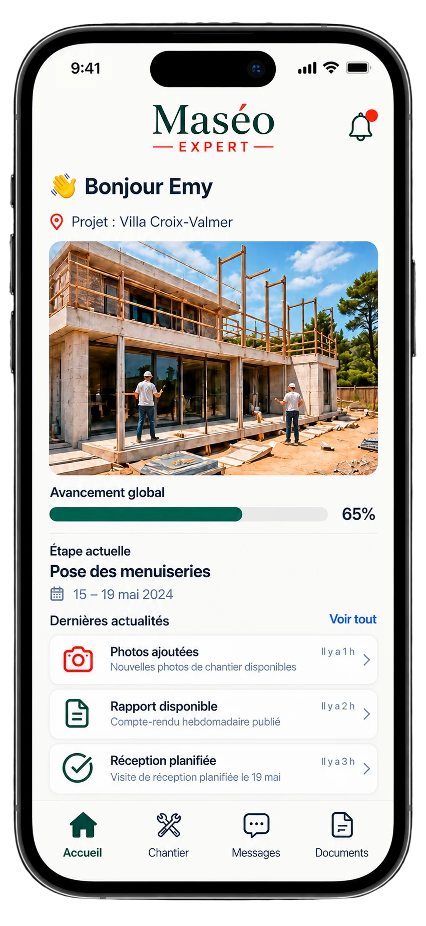 Écran de l'application Maséo Expert